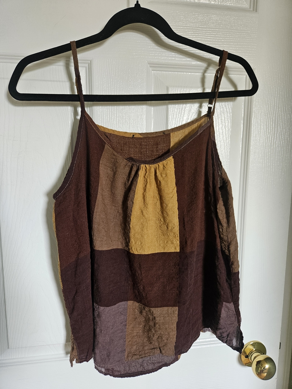 Patchwork Brown & Mustard Spaghetti-Strap Tank Top